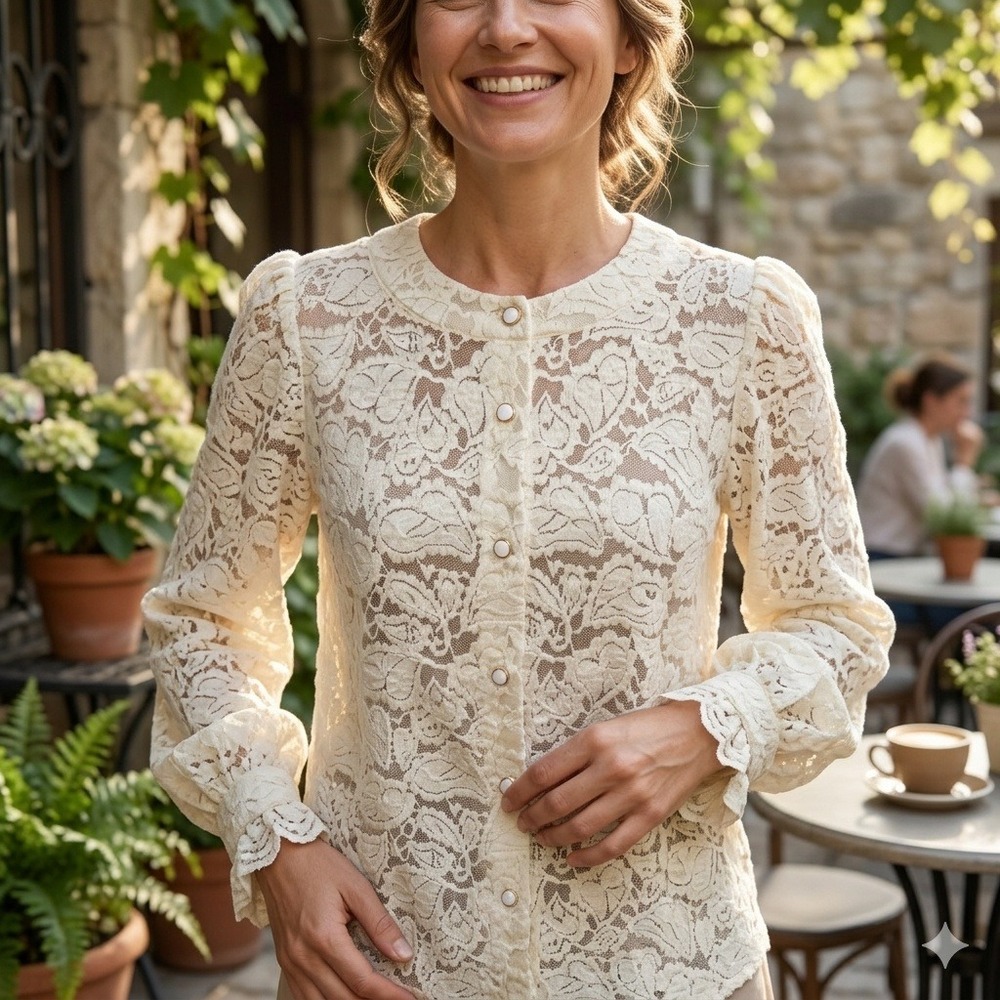 PrettyGarden Women Floral Lace Button Down Blouse Cream Ruffle Cuff XL